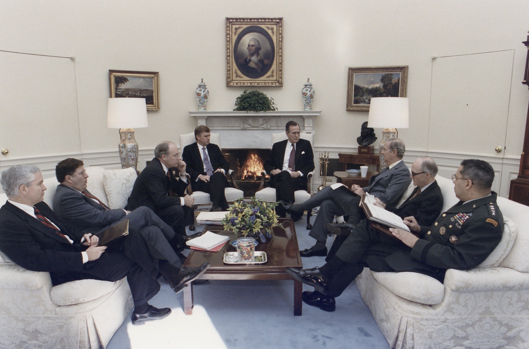 President George H. W. Bush meets in the Oval Office with his NSC about Operation Desert Shield 
